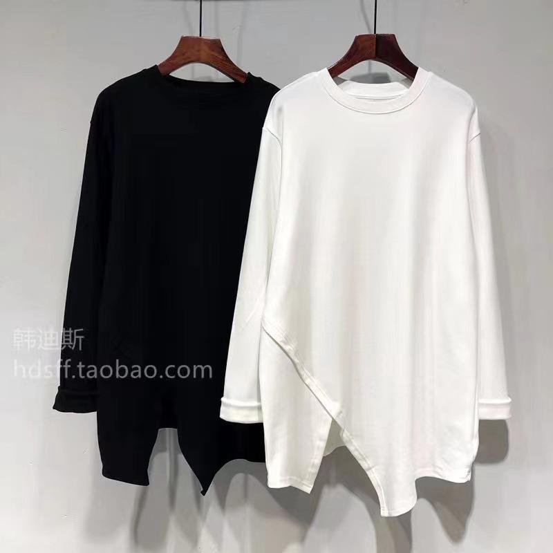 

Новая осенне-зимняя свободная неровная с разрезом средней длины базовая футболка с длинным рукавом однотонная для женщин M белый