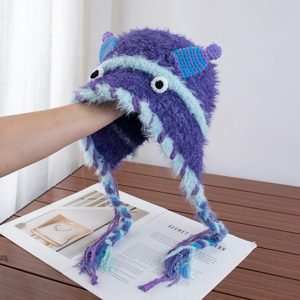 Cartoon Little Monster Woolen Hat Female Autumn and Winter Fringed Braid Headgear Warm Ear Protection Lei Feng Hat
