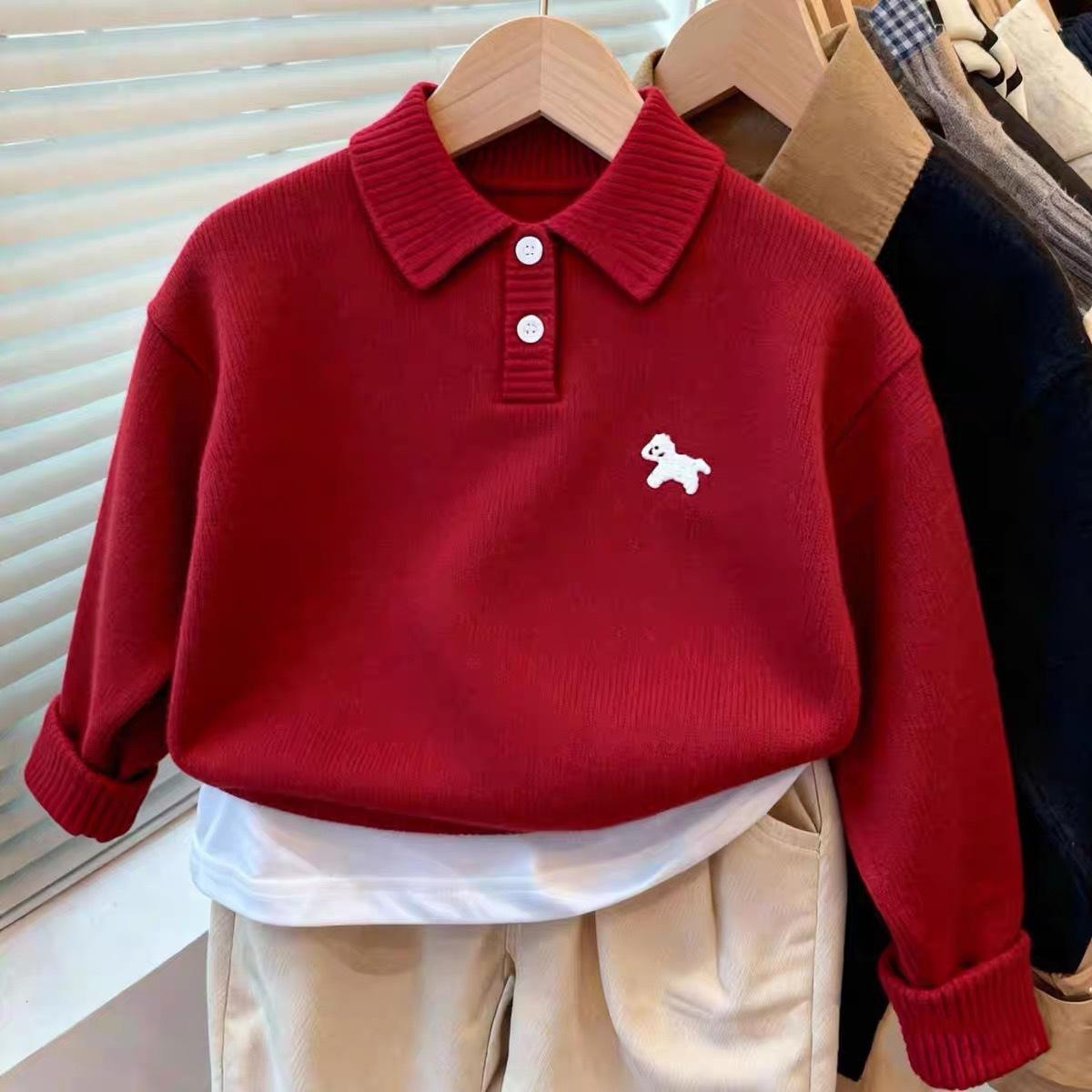 Boys Red Knit Polo Sweater with Cute Puppy Print for Fall Winter 80