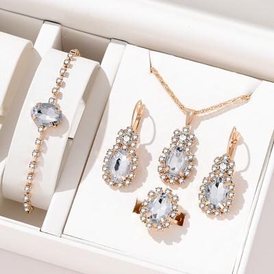 5-delat Modefullt Mångsidigt Personligt Temperament Diamantprytt Ovala Halsband Ringar Armband Örhängen Set för Kvinnor