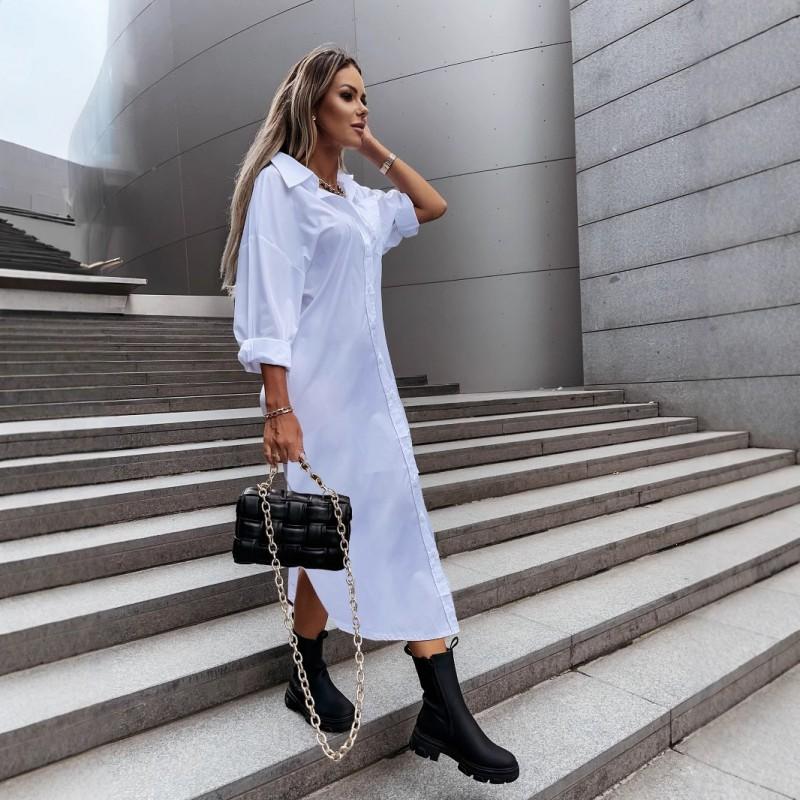 Womens Loose Fit Solid Color Shirt Dress With Side Slit V-Neck Long Sleeve Office Casual Elegant Style