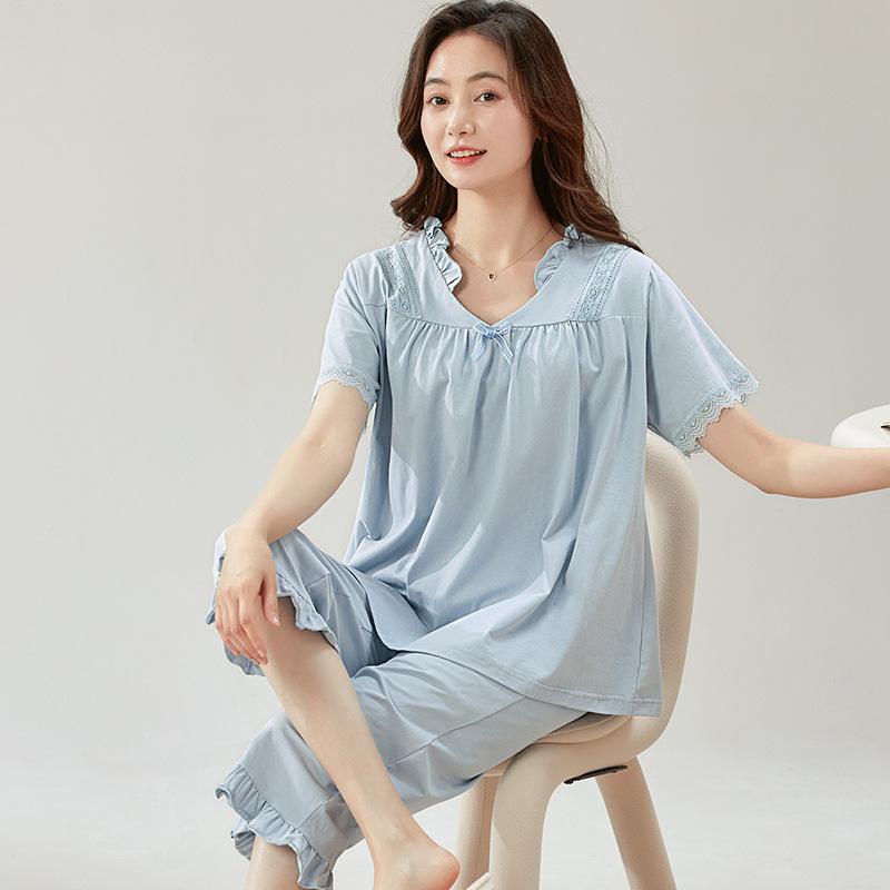 Pajamas Women's Summer Cotton Short-sleeved Cropped Pants Thin Princess Style Women's 1011 New Summer Mother Loungewear