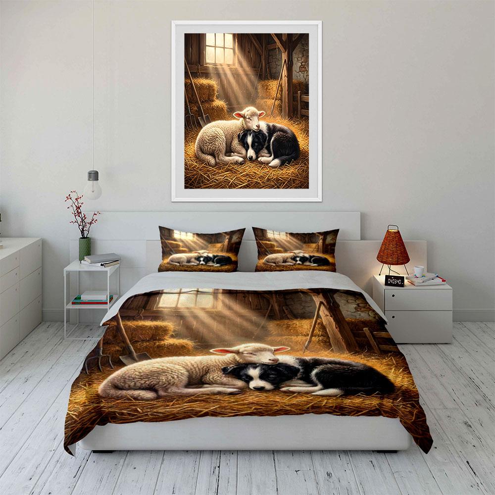 Cozy Companions In a Rustic Barn Print Bedding Set 1 Duvet Cover 2 Pillowcases for Adult and Children Luxury Gift Full Size
