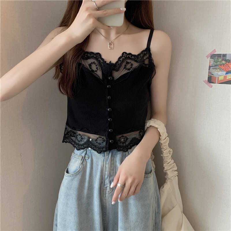 Lace Patchwork Single Breasted Short Crop Top with Exposed Midriff for Summer Slim Fit Outerwear Camisole