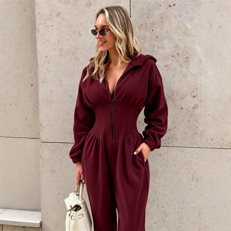 Womens 2026 Fall Winter Hooded Jumpsuit Long Sleeve Relaxed Fit Fleece Romper With Cinched Waist Cuffed Ankles
