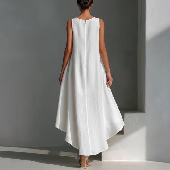 Women's Cotton Linen Sleeveless Midi Dress Crew Neck Asymmetric Hem Tank Dress Summer Casual Beach Sundress