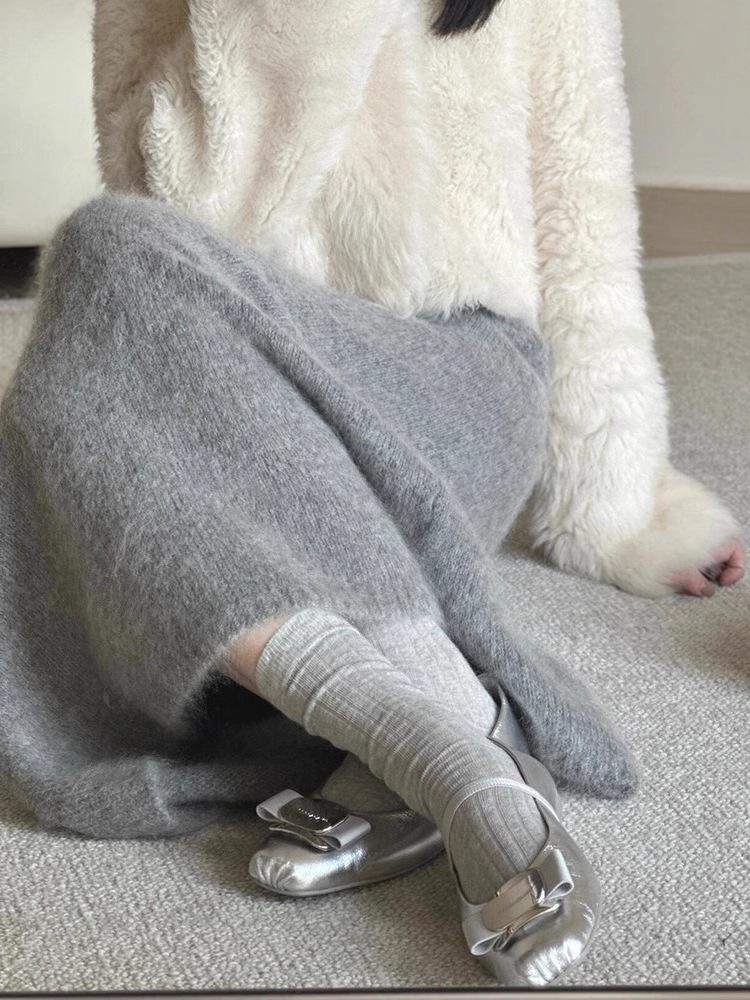 2025 Women s Best-Selling Gray Knitted Fishtail Midi Skirt for Fall/Winter One Size серый
