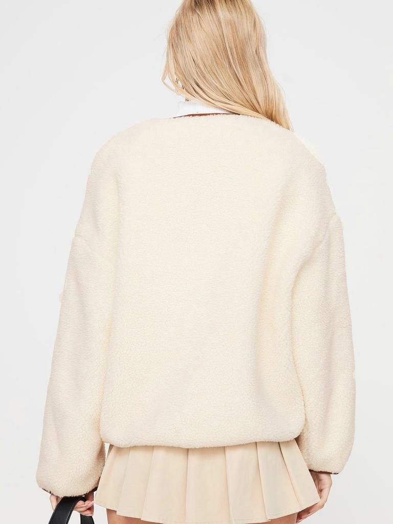 Winter Women's Thick Faux Fur Buckle Crew Neck Long Sleeve Short Cardigan Fashion Chic Coat
