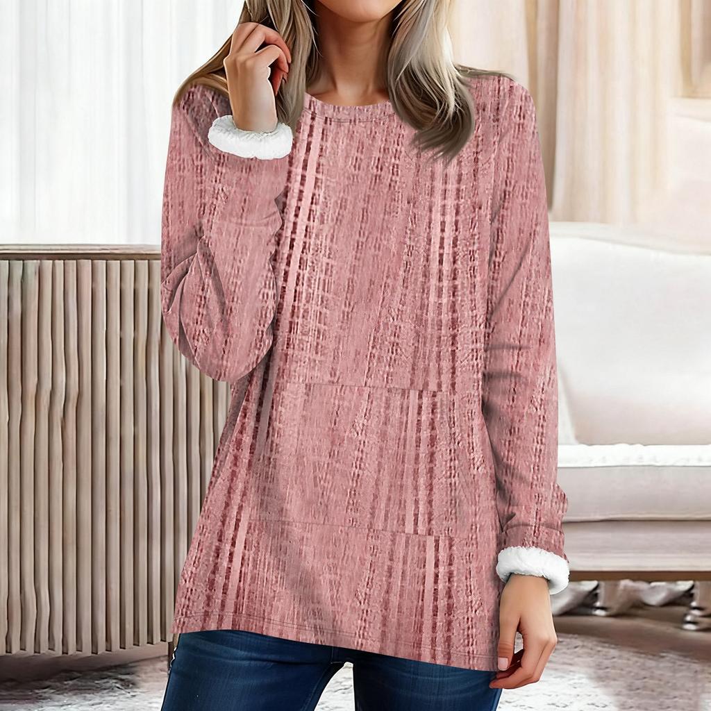 Women's Fashionable Printed Round Neck Long Sleeved Plush Warm Pullover Top