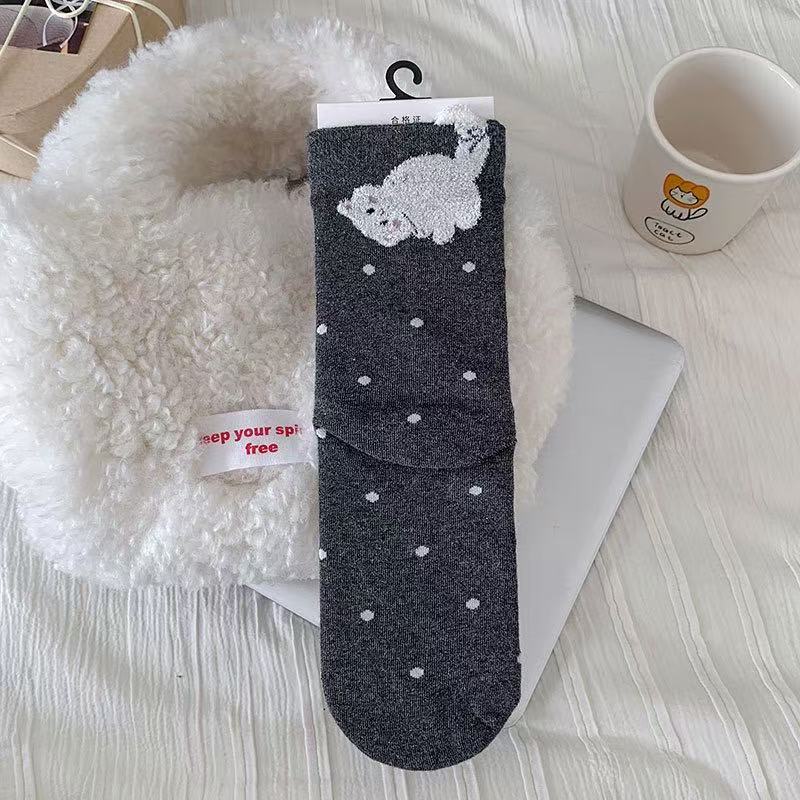 Cartoon Kitten Plush Mid-calf Socks, Girls' Pile Socks, College-style Cotton Socks, Cute Outfit Polka Dot Cat Socks
