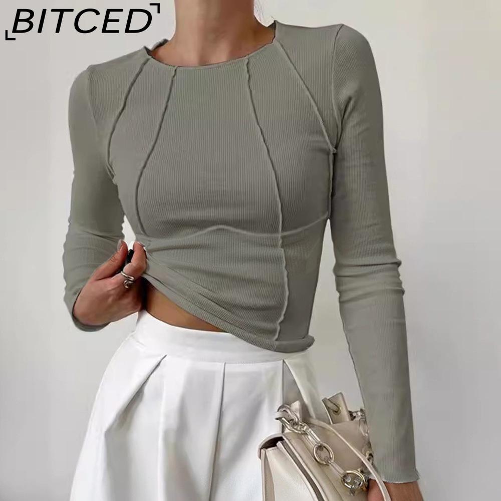 

BITCED Women s Solid-Colour Split-Front Long-Sleeved O-Neck T-Shirt Spring/Autumn Top XL