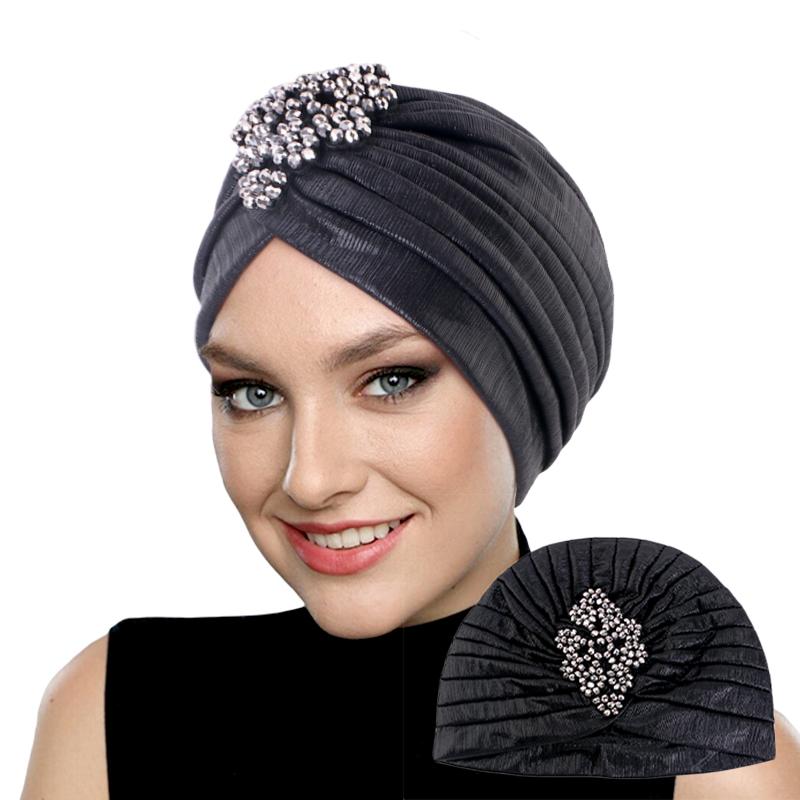 New Women's Luxury Diamond Turban Cap Muslim Indian Hat Bandana Elastic Beanies Chemo Cap African Hat Headwear