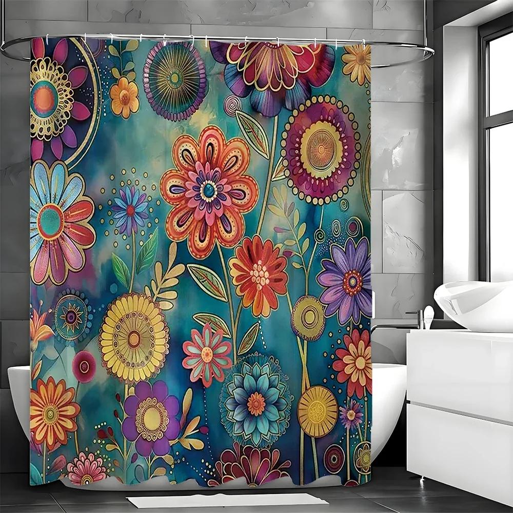 Vintage Bohemian Floral Shower Curtain, Bathroom Decorative Shower Curtain, Waterproof Shower Curtain With Hooks