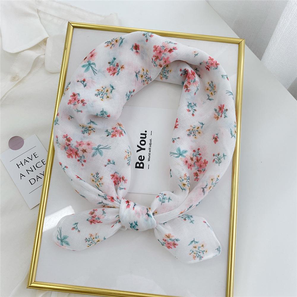 Floral Cotton Linen Silk Scarf: Women's Square Headband for Spring, Summer, Autumn - Korean Fresh Style