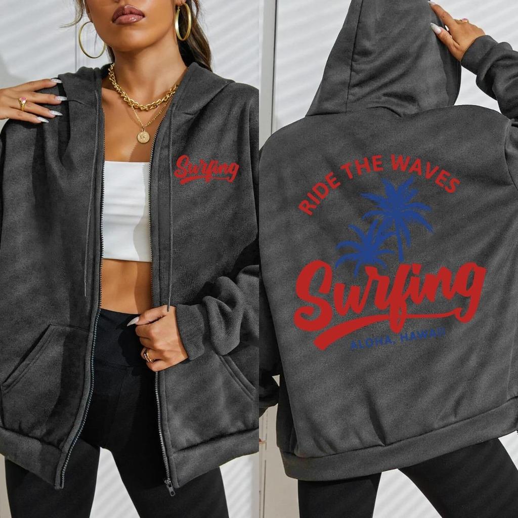 Ride The Waves Surfing Aloha Hawaii Coconut Tree Print Women Zipper Hoodie Y2K Loose Hoody Sportswear Autumn Fleece Top