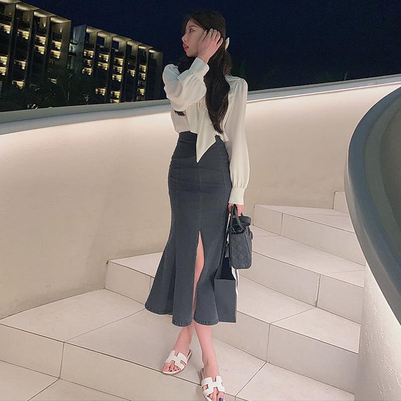 Elegant Black Ruffled Open Female Summer Years High Waist Slim Package Hip Elastic Fishtail Mid-length Skirt Comfortable Fashion Denim Bustier Skirt