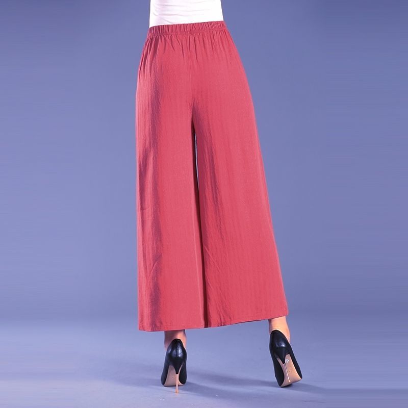 Women's Summer Cotton Wide Leg Trousers Loose Large Size Mother's Elastic High Waist Thin Nine-point Trousers