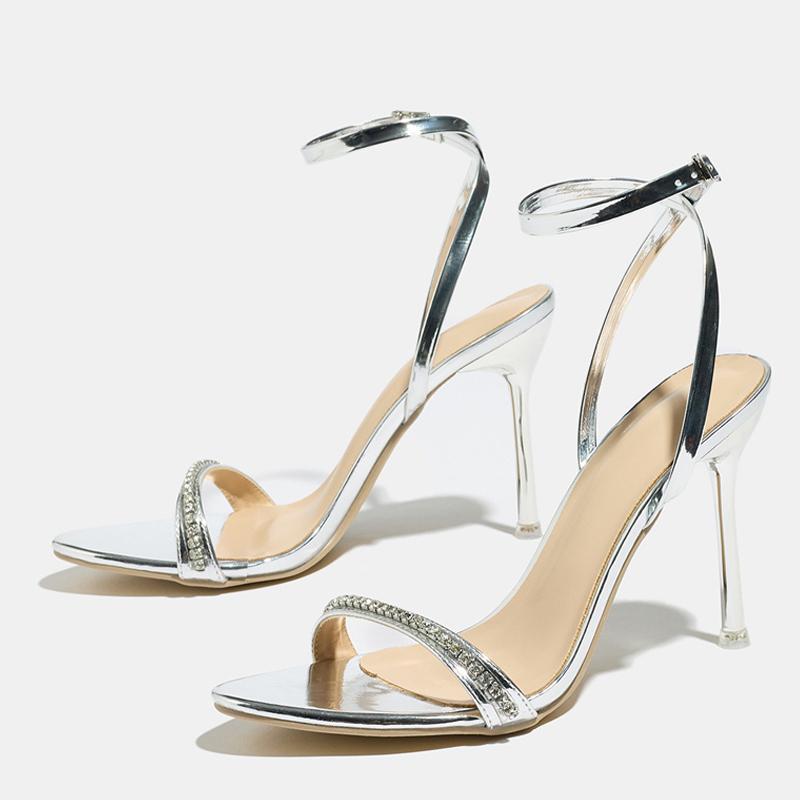 Fashion Crystal Rhinestone Women Sandals Summer Open Toe Silver High Heels Wedding Prom Shoes Sexy Ankle Strap Sandalias