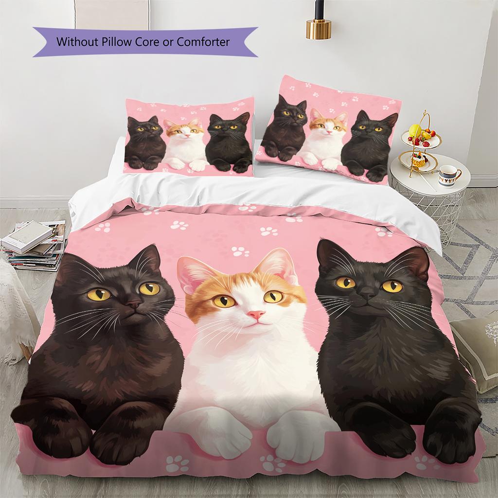 Pink Bombay Cat Pattern Bedding Home Decoration Birthday Gift (1 * Duvet Cover + 2 * Pillowcase, Without Core)