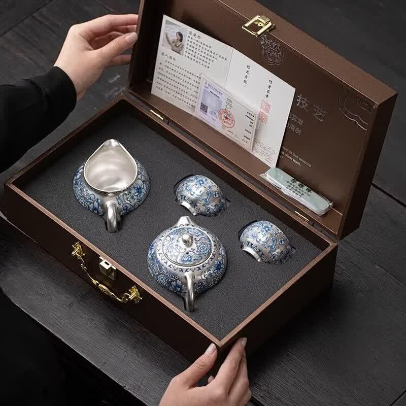 Master Su Aizhen Blue Floral Gilded Ceramic Xishi 4-Piece Tea Set