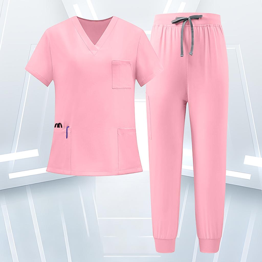 Women's Uniform Scrub Set - Quick-Dry V-Neck Short Sleeve Top with Pockets and Long Pants, Color