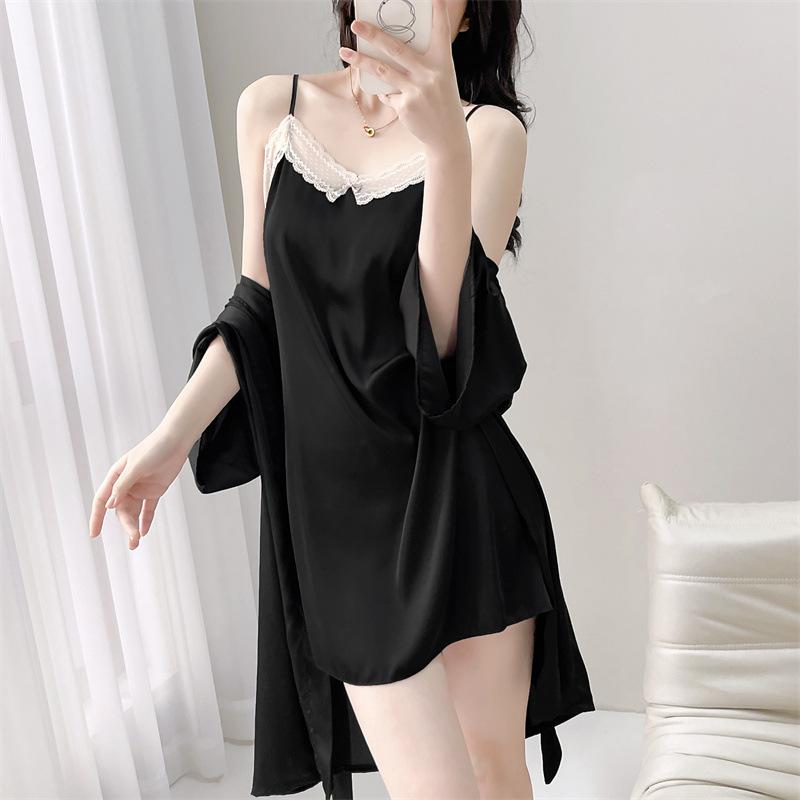Sexy Pajamas Women Ice Ribbon Chest Pad Lace Pure Wind Suspender Pajamas New Silk Loungewear