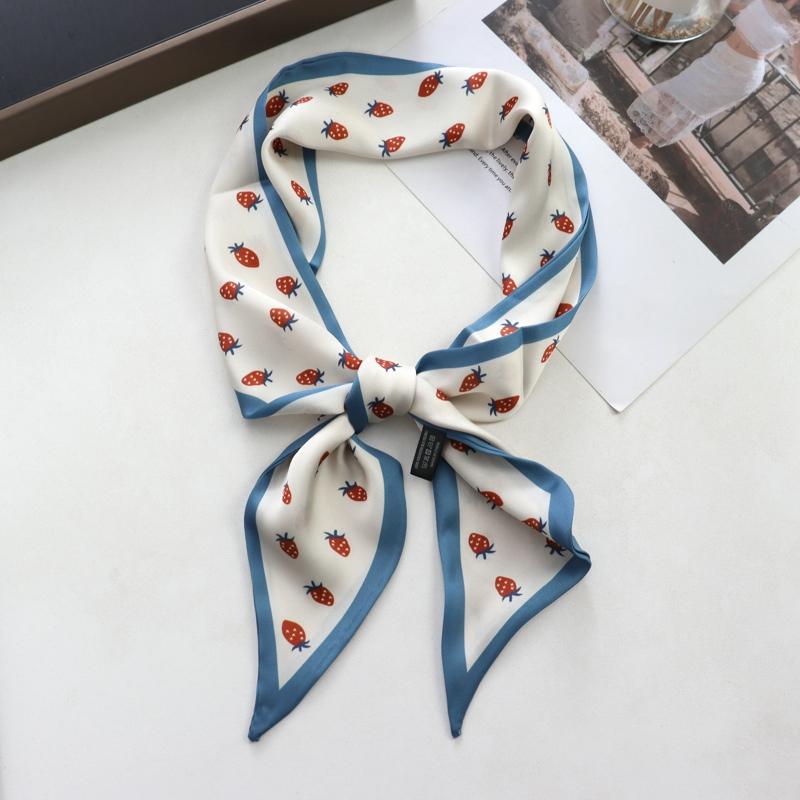 Sweet Strawberry Print Women Small Silk Scarf Handle Bag Ribbons Female Head Scarves Sharp Angle For Women  100*9cm