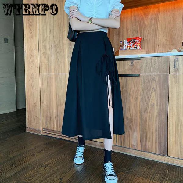 WTEMPO Black Elastic High Waist Loose Solid Color Casual Long Pleated Skirts WomenFour Seasons A-line Lacing-up Side Split Skirts