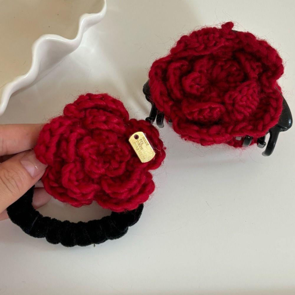 Knitted Wool Flower Hair Rope Crab Clip Rubber Hair Tie Retro Rose Flower Hair Claw  Children