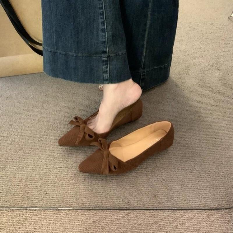 Fashion Soft Sole Slip-on Single Shoes Autumn New Pointed Toe Shallow Suede Bow Non-slip Wear-resistant Single Shoes