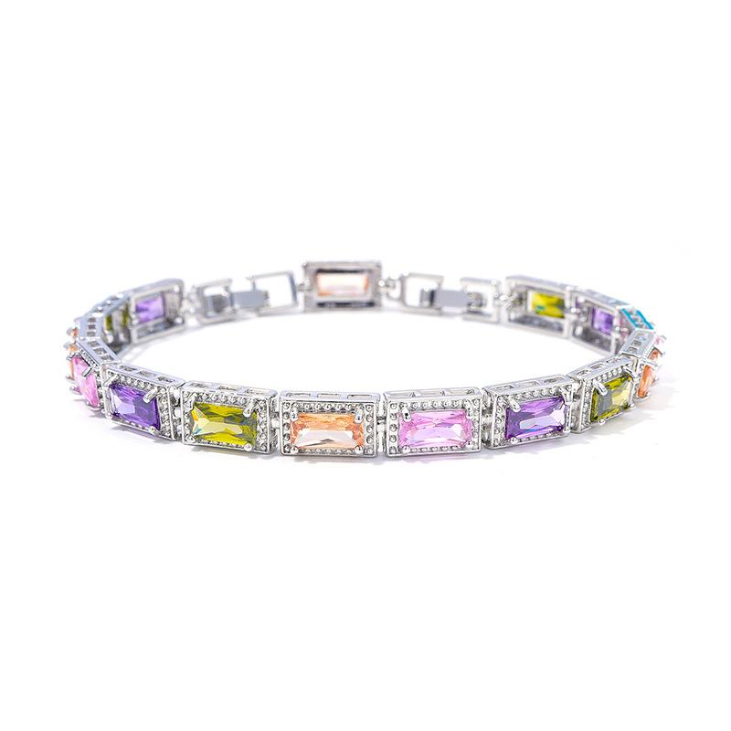 Light Luxury Square Multi-Colored Zircon Inlaid Bracelet, Women'S Silver-White Jewelry, Bridal Jewelry.