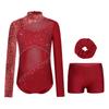 Ensemble Maillot de Gymnastique Danse Fille Manches Longues Impression Papillon Strass Fermeture Éclair Dorsale Body Short Bandeau pour Cheveux