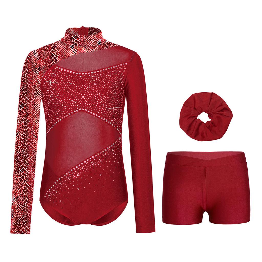 Ensemble Maillot de Gymnastique Danse Fille Manches Longues Impression Papillon Strass Fermeture Éclair Dorsale Body Short Bandeau pour Cheveux