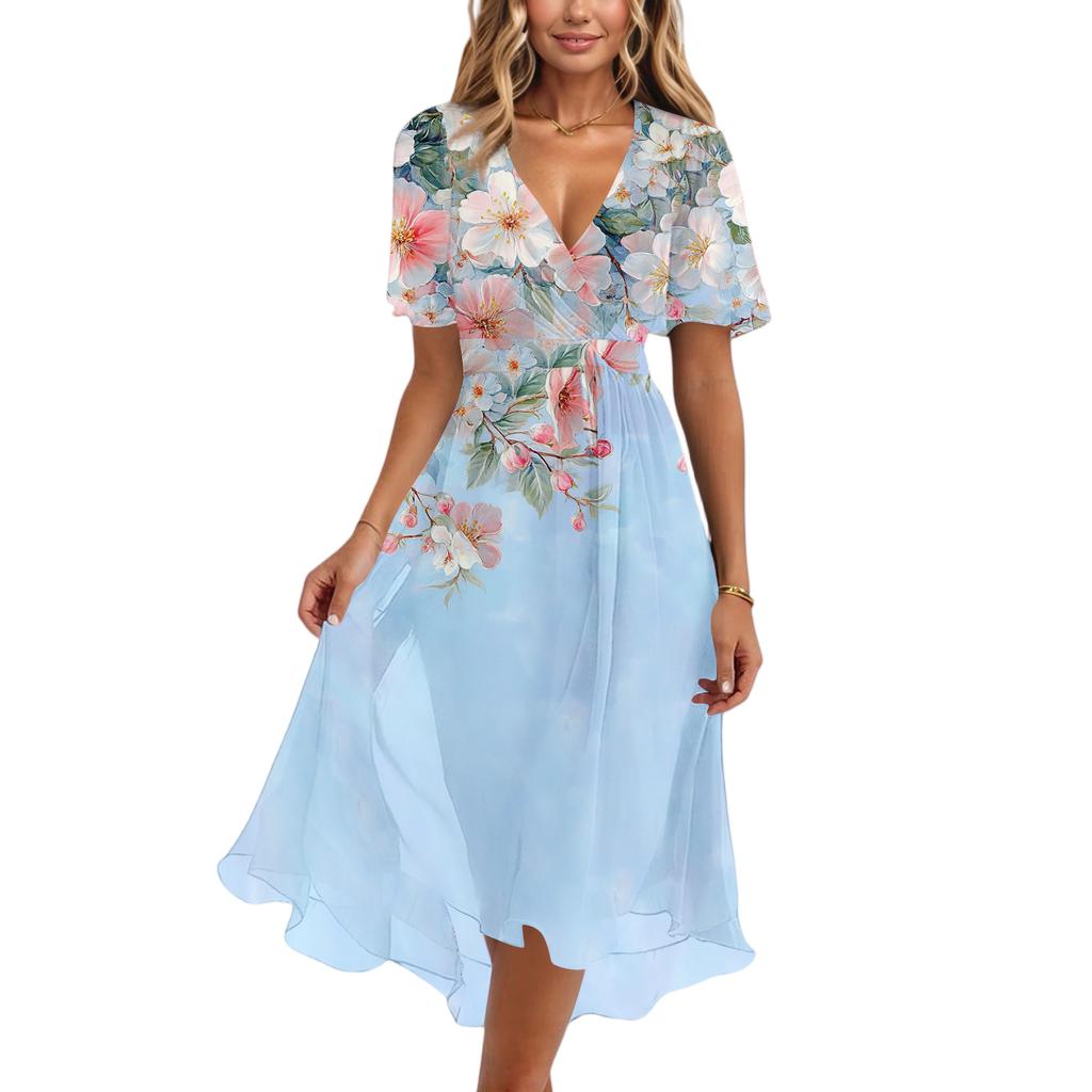 Women’s V Neck Short Sleeve Midi Dress with Floral and Butterfly Print Flowing Hem Casual Fit