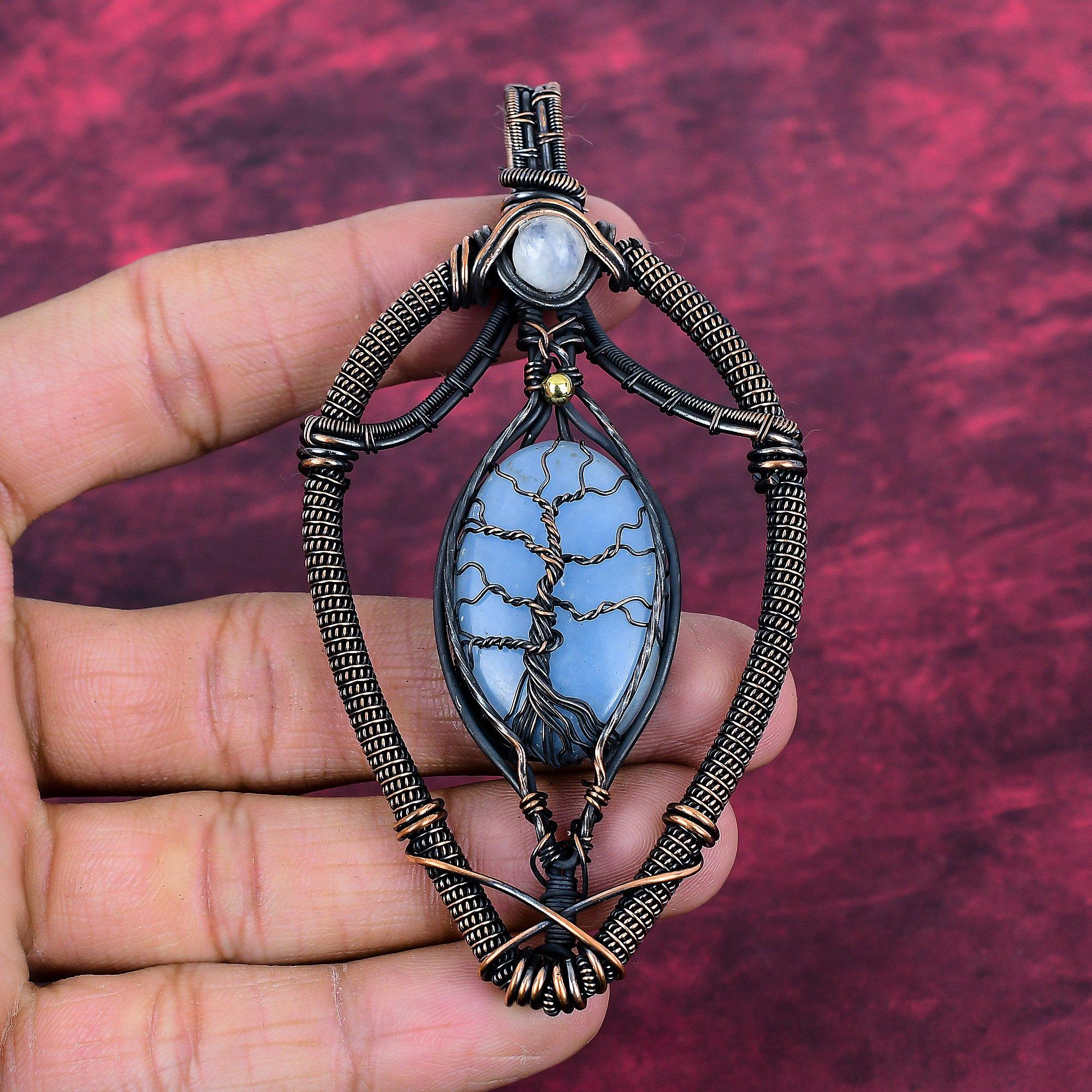 

Tree Of Life Angelite Gemstone Pendant Rainbow Moonstone Pendant Copper Wire Wrapped Pendant