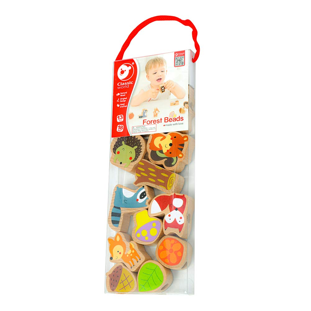 Classic World Educational Toy: Stringing Beads, Wooden Animal Toy, Building Blocks, Natural Wood, for Girls and Boys, Ages 1-2, Baby Shower Gift,