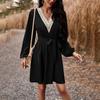 Elegant Women High Waist V Neck Lace Dress Long Sleeve Solid Fashion Mid Length Spring Autumn Dress