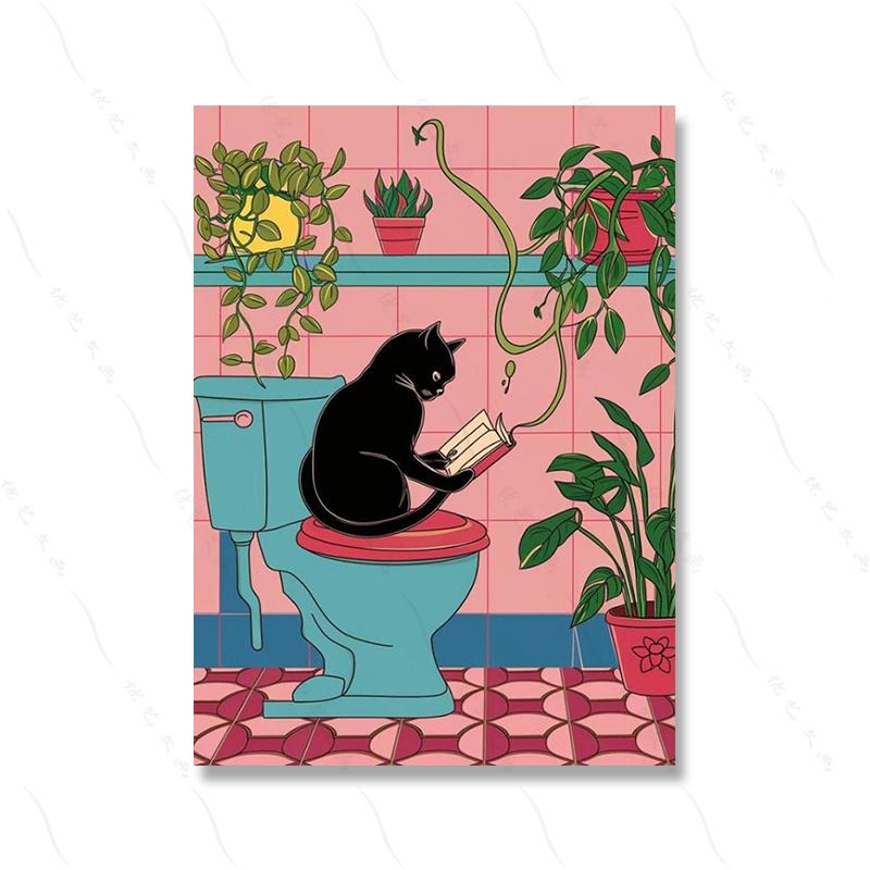 Funny Black Cat on the Toilet Art Print Pink Bathroom Posters Cat Reading a News Paper Tropical Plants Pictures Home Decoration 21X30CMNo Framed