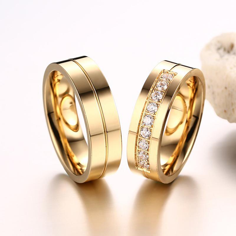 Gold Color Wedding Bands Rings for Women Men High Quality CZ Engagement Couple Promise Ring Anniversary Alliance Jewelry Gift