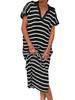 Women's Striped Knit Maxi Dress V Neck Collar Short Sleeve High Slit Beach Dress Plus Size