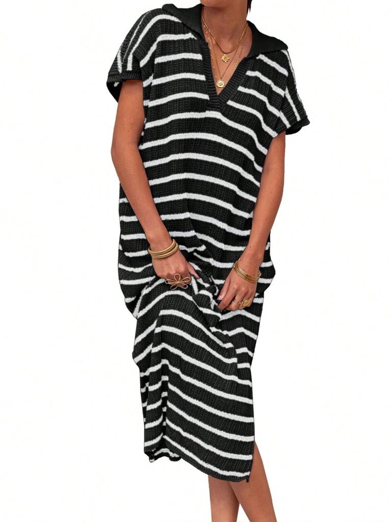 Women's Striped Knit Maxi Dress V Neck Collar Short Sleeve High Slit Beach Dress Plus Size