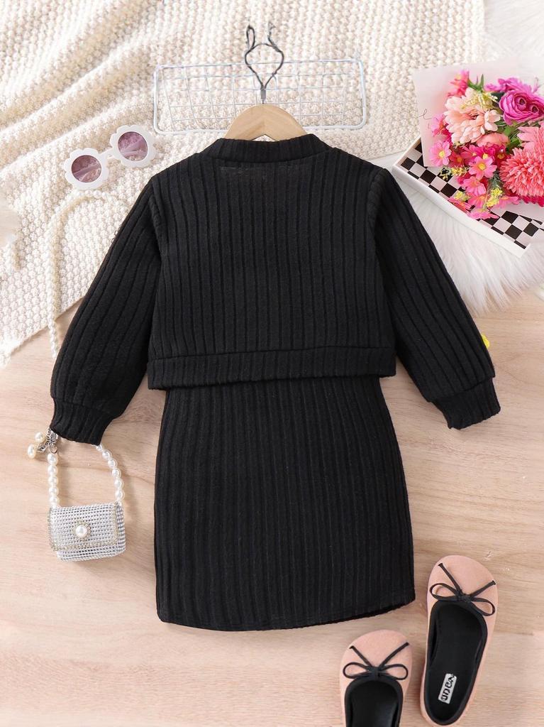 Girls' Floral Knit Cardigan & Slim Fit Camisole Dress Set for Spring and Autumn