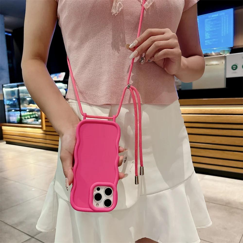 Crossbody Adjustable Lanyard Phone Case for IPhone 16 Pro Max 15 14 13 Wave Edge Necklace Strap Rope Soft Silicone Cover