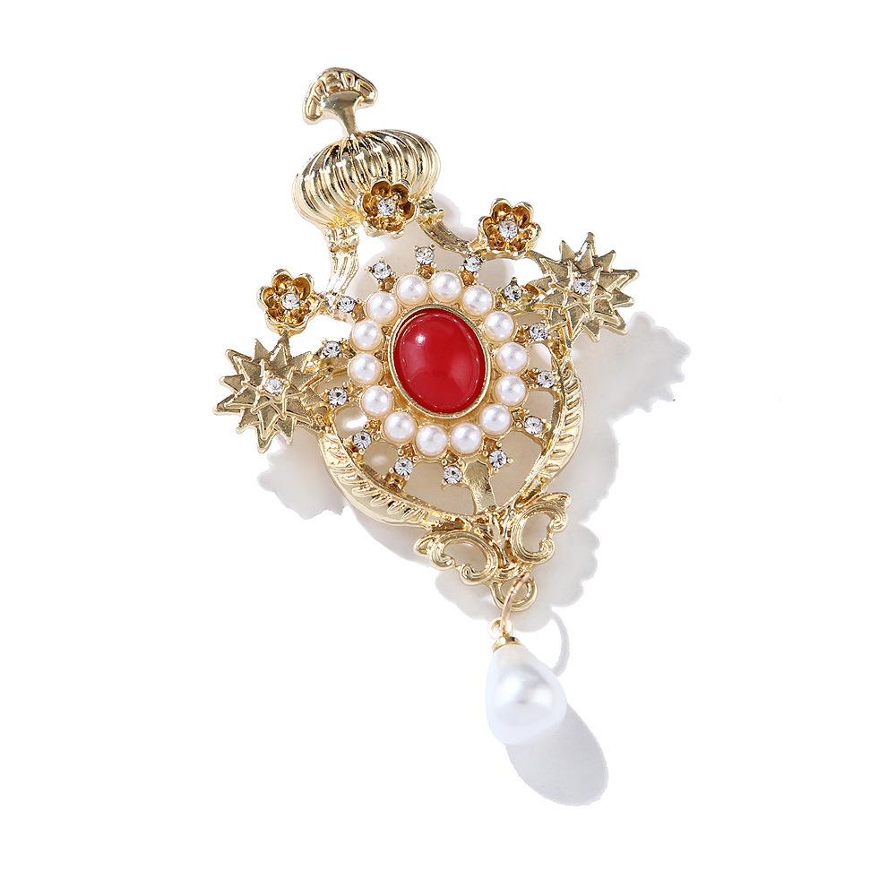 Baroque Vintage Fashion Versatile Crown Brooch Resin Drop Pearl Brooch Women's Clothing Accessories
