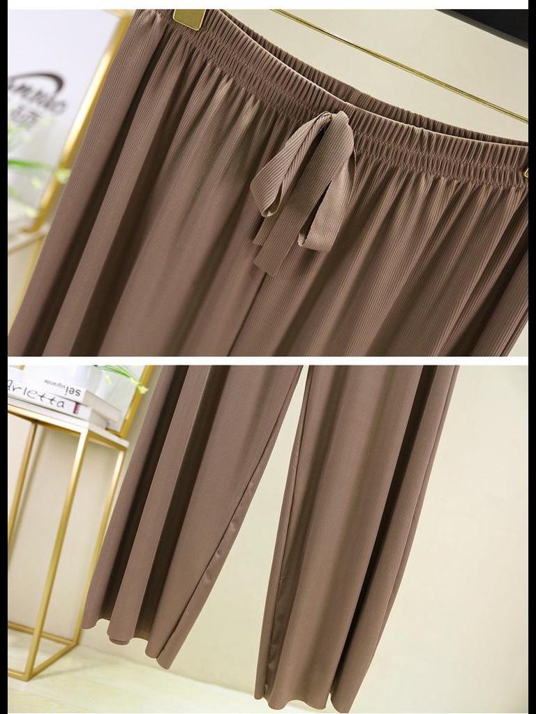 Nuovo due pezzi estivo in seta ghiacciata: Top a maniche corte con scollo a V e pantaloni casual drappeggiati a gamba larga