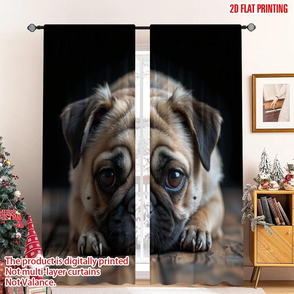 

Шторы с плоской печатью Оконные занавески Милый портрет щенка мопса Цифровая печать Полиэстеровые шторы Декорация для семейной вечеринки Комплект из 2 штор Сделано W100*H70(CM)-Hooks&1PCS