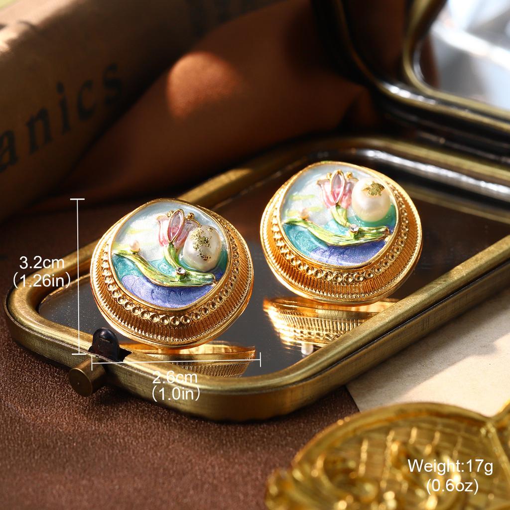 Court style High flower Oil painting style French retro sweet fashion Baroque pearl temperament Niche stud earrings female