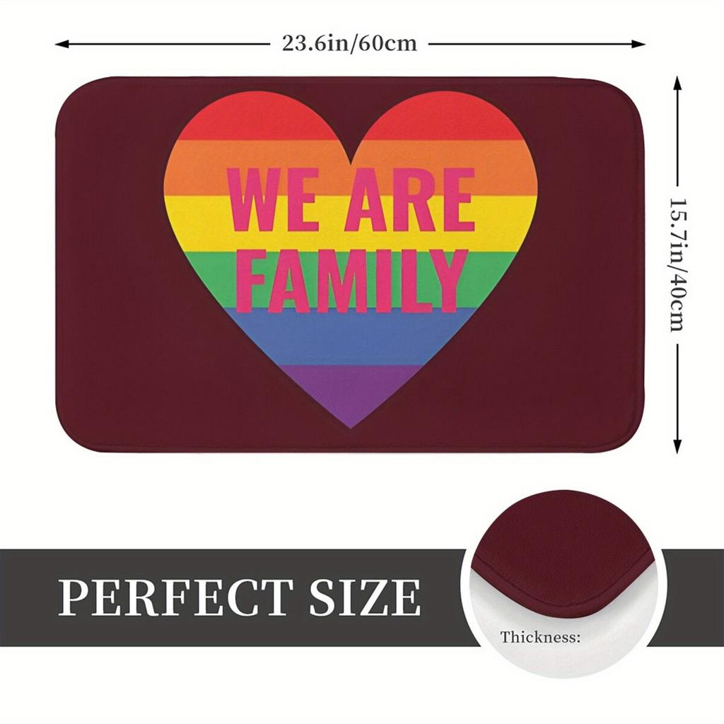 Rainbow Heart "We Are Family" Doormat, Inclusive Pride Design Floor RugMachine Washable Polyester for Entryway Living Room