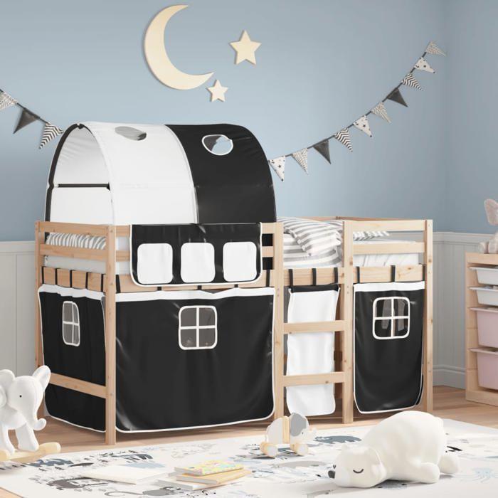 VidaXL Lit Mezzanine Enfants avec Tunnel, Lit Intermédiaire avec Rangement, Meuble de Chambre à Coucher, Moderne, Blanc/Noir 3283844