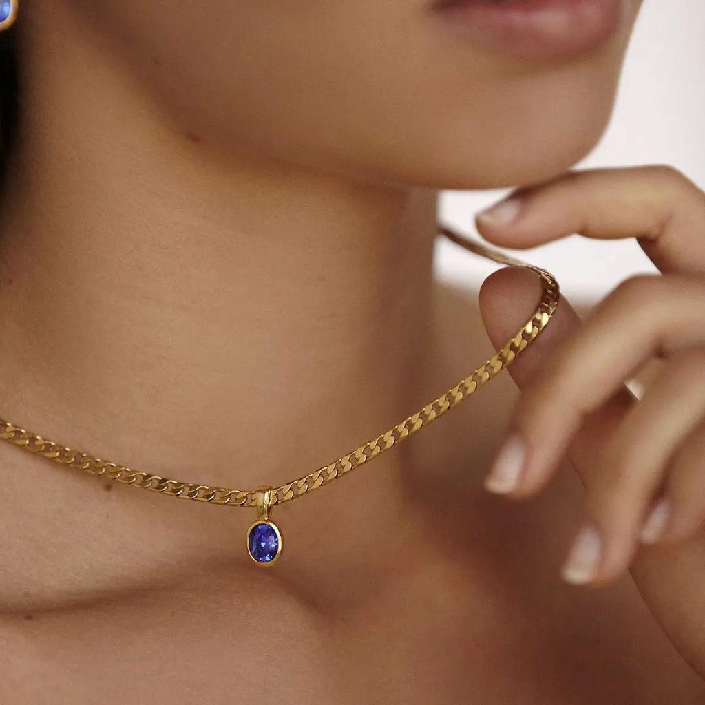 Dainty Stainless Steel Oval Multi-color Natural Stone Pendant Necklace for Women 18k Gold Plated Cuban Chain Necklaces Zircon
